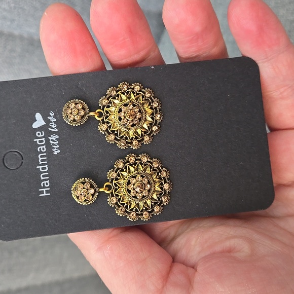 Handmade Art Deco Inspired Earrings In Vintage Gold, NWT - Picture 5 of 13